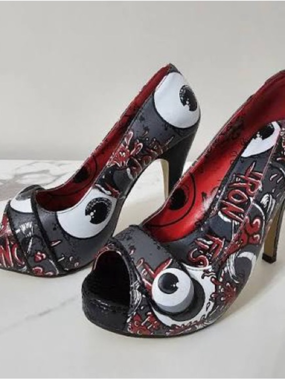 Iron Fist Black & Red Graphic Peep-Toe Heels with Eyeball Motif